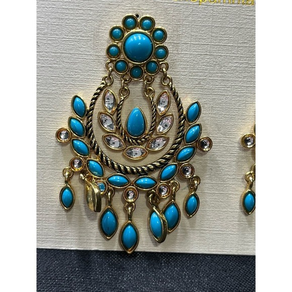 Amrita Singh Blue Cabochon Gold Tone Chandelier Earrings New - Picture 3 of 8